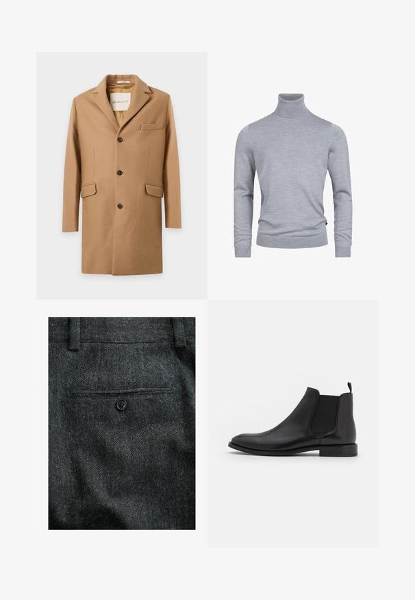 Herre camelbrun enkeltbrystet uldfrakke med tre knapper, hakkede knaphuller og tre forlommer mod en hvid baggrund.; Grå turtleneck sweater lavet af et blødt strikket stof. Har lange ærmer og en tætsiddende design med ribbede manchetter og kant. Enkel, glat tekstur.; Mørkegrå uldbukser med en struktureret finish, en enkelt baglomme med sort knaplukning og bæltestropper i taljen.; Sorte læder Chelsea støvle med elastiske sidepaneler, en rund tå og en lav hæl. Glat tekstur med et minimalistisk design.