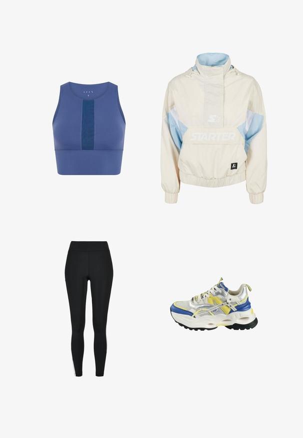 Hele kreemjas ja sinises toonis kapuutsiga pullover-jakk, millel on elastsed mansetid. Kettel on suur esine tasku ja valge "STARTER" logo. Sile kangastekstuuri.; Sinine spordirinnahoidja ümmarguse kaelusega, lühikese kujundusega, tekstureeritud keskpaneeliga ja sileda kangaga. Omab minimalistlikke õmblusdetailide.; Mustad retuusid kõrge vöökohaga, valgete küljeribadega, valmistatud venivast kangast mugavuse ja paindlikkuse tagamiseks.; Spordijalats, millel on võrgukangas ülemine osa ja metallikhõbedased detailid, mis on sinise, kollase ja valge värviga; paks valge talla osa musta kummist libisemisvastase mustriga.