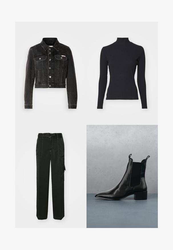 Sort cropped denimjakke med knaplukning, to brystlommer og spids krave. Har sølvfarvet hardware og en falmet tekstur.; Sort ribbet turtle-sweater med lange ærmer. Lavet af strækbart stof med en tætsiddende pasform og høj krave. Enkel design uden udsmykninger.; Sorte cargo bukser med en tætsiddende talje, bæltestropper, flere lommer, synlige syninger og et løst, lige ben-design.; Sort læder Chelsea boot med spids tå, elastiske sidepaneler og en kraftig hæl, hvilende over en overflade med sten- og trædesign.