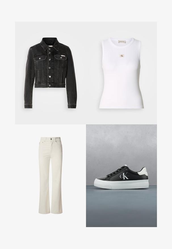 Zwarte cropped denimjacket met knoopsluiting, twee borstzakken en puntige kraag. Heeft rigide zilverkleurige accenten en een vervaagde textuur.; Wit geribd mouwloos tanktop met Calvin Klein Jeans-label op de borst en binnenhalslabel.; Witte flared jeans van denim. Heeft een hoge taille, vijf zakken en een metalen knoopsluiting. Glad oppervlak zonder zichtbare patronen.; Zwart-witte Calvin Klein-sneaker met logo aan de zijkant, zwevend boven een houten en stenen betegelde buitenvloer.