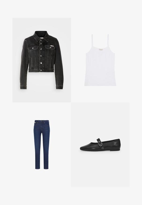Mustmust värviline denim jakk nööbiga esiosal, kahe rinnataskuga ja terava kaelusega. Omab hõbedatooni riideid ja tuhmunud tekstuuri.; Valge Calvin Klein naiste tanktop õhukeste õlapaelte ja lihtsa, kehasse istuva disainiga.; Tumesinised kitsad teksad esitaskute, vööaasade ja nööpidega sulgemisega, valgel taustal kuvada.; Must värvi nahast tasased kingad ümarate varvastega, ühe reguleeritava paelaga ja siledat, läikivat pinda. Minimalistlik disain madala kontsaga.