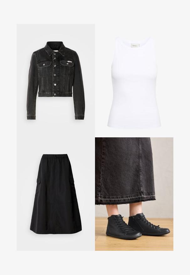 Zwarte cropped denimjacket met knoopsluiting, twee borstzakken en puntige kraag. Heeft rigide zilverkleurige accenten en een vervaagde textuur.; Witte geribde tanktop met een ronde halslijn en zonder mouwen. Rekbaar materiaal en een aansluitend ontwerp. Het label op de achterkant zegt "GESTUZ."; Zwarte rok met een losse pasvorm, gemaakt van gladde stof. Voorzien van een elastische tailleband en twee zijcargo zakken. Middellange uitvoering.; Zwarte leren hoge schoenen met een gladde textuur, met veters en een zijrits. G gedragen bij een lange zwarte spijkerrok.