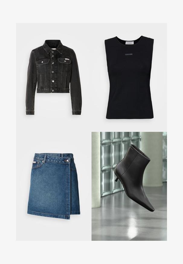 Sort cropped denimjakke med knaplukning, to brystlommer og spids krave. Har sølvfarvet hardware og en falmet tekstur.; Sort ærmeløs top lavet af glat stof. Har en rund halsudskæring og et lille Calvin Klein-logo i midten. Simpelt og tætsiddende design.; Denim nederdel i mellemblå med wrap-design, der har en knap- og lynlåslukning, samt synlig stikning langs kanten.; Sort læderankelstøvle med spids tå og lille hæl vist mod en væg af glasblokke og poleret gulv baggrund.