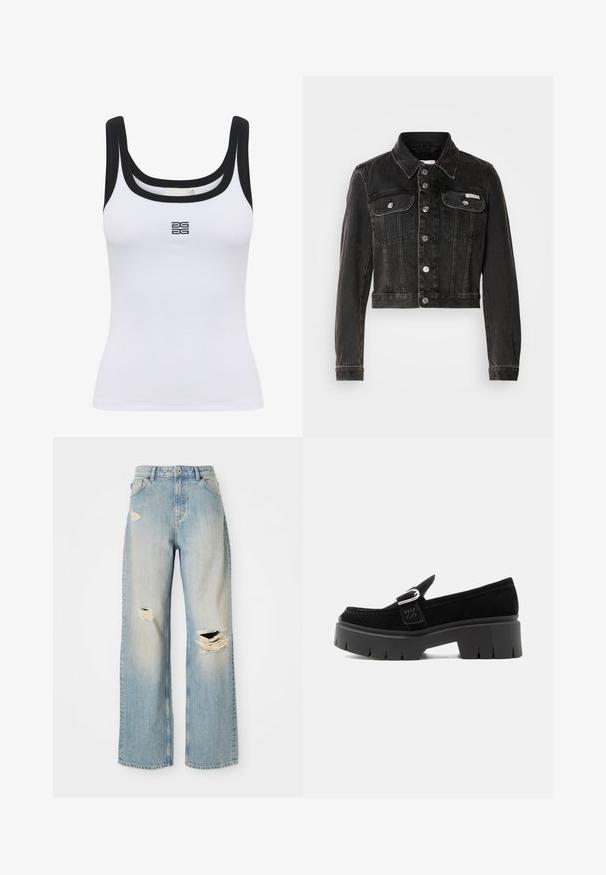 Sort cropped denimjakke med knaplukning, to brystlommer og spids krave. Har sølvfarvet hardware og en falmet tekstur.; Hvid ribbet tanktop med scoop halsudskæring og sort kant. Et logo er centreret på fronten. Stoffet ser blødt og tætsiddende ud.; Lysblå lige-benede jeans med høj talje, bæltestropper og slidte huller på venstre lår, højre knæ og nederste venstre ben.; Sort ruskindslipper med kraftig sål, sølvspænde og præget "HUGO" på sidesnoren, vist fra ydersiden.