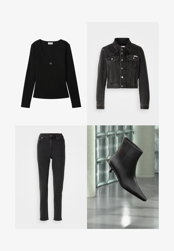 Sort cropped denimjakke med knaplukning, to brystlommer og spids krave. Har sølvfarvet hardware og en falmet tekstur.; Sort langærmet ribbet top med rund halsudskæring og lille Calvin Klein logo patch centreret på brystet.; Sorte højttaljede denimjeans med smal pasform, der har knaplukning, bæltestropper og kontrastsyninger. Glat tekstur uden synlige mønstre.; Sort læderankelstøvle med spids tå og lille hæl vist mod en væg af glasblokke og poleret gulv baggrund.