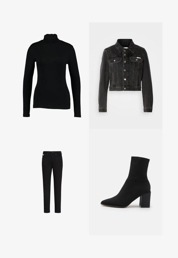 Veste en denim noir raccourcie avec fermeture à boutons, deux poches poitrine et col pointu. Dotée de quincaillerie en argent et d'une texture délavée.; T-shirt noir à manches longues et col roulé en tissu lisse, avec une coupe ajustée et un col haut, idéal pour les superpositions ou à porter seul.; Jean noir slim avec bouton et fermeture éclair à l’avant, avec poches avant et arrière et une petite étiquette sur la poche avant droite.; Bottines noires en tissu extensible, à bout pointu et talon carré, avec une bordure côtelée en haut.