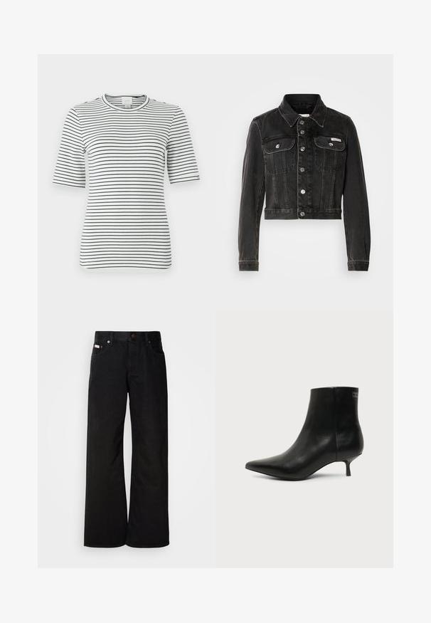 Veste en denim noir raccourcie avec fermeture à boutons, deux poches poitrine et col pointu. Dotée de quincaillerie en argent et d'une texture délavée.; T-shirt à manches courtes rayé en blanc et bleu marine. Doté d'un col rond et d'un tissu doux et extensible avec des rayures horizontales sur toute la surface.; Jean large noir en coton. Présente des poches avant, une fermeture à bouton, et une texture denim classique. Design minimaliste sans motifs.; Bottine en cuir noir avec bout pointu et petit talon kitten sur fond clair, vue côté extérieur.
