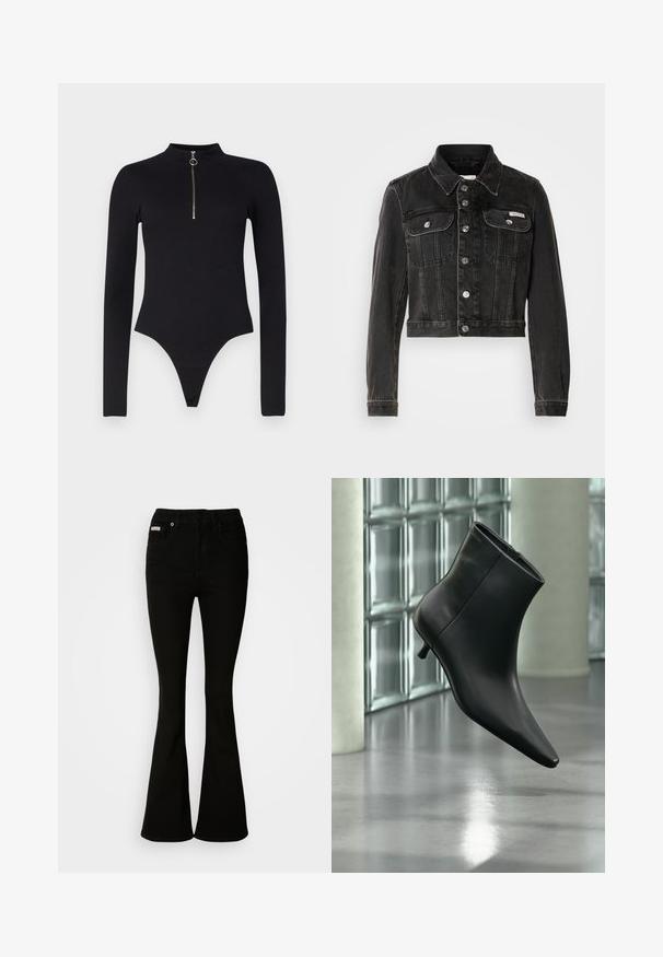 Sort cropped denimjakke med knaplukning, to brystlommer og spids krave. Har sølvfarvet hardware og en falmet tekstur.; Noisy May NMTONI BODY - Langærmet T-shirt - black; Sorte bukser med flare, der har en tætsiddende talje, lavet af blødt denim. Har to forlommer og en klassisk knap- og lynlåslukning.; Sort læderankelstøvle med spids tå og lav kitten-hæ, vist vinklet mod en poleret gulv- og glasblokvæg.