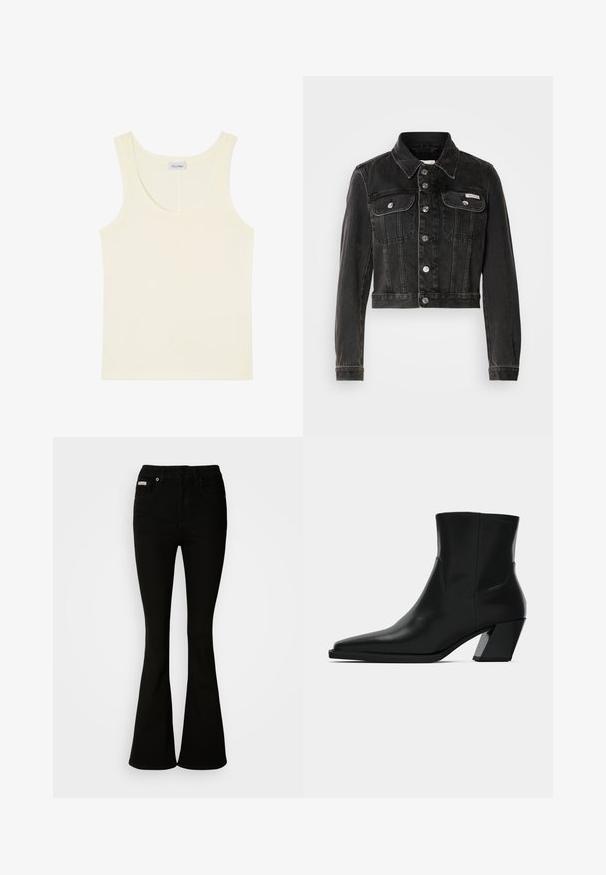 Zwarte cropped denimjacket met knoopsluiting, twee borstzakken en puntige kraag. Heeft rigide zilverkleurige accenten en een vervaagde textuur.; Roomkleurige mouwloze tanktop met een ronde halslijn en een klein merklabel aan de binnenkant aan de achterkant.; Zwarte uitlopende jeans met een strakke taille, gemaakt van zachte denim. Bevat twee voorkruiden en een klassieke knoop- en ritssluiting.; Zwarte leren enkelboot met een spitse neus, een slanke silhoeet en een chunky vierkante hak. Gladde textuur met minimale stikdetails.