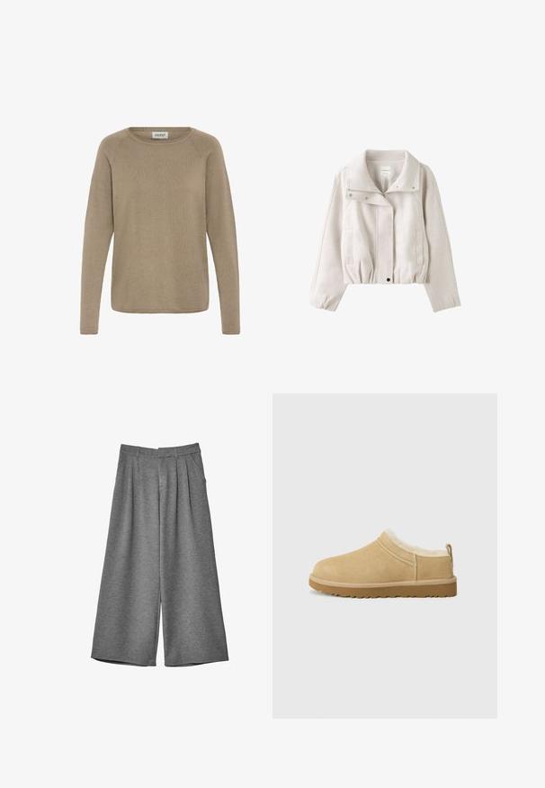 Lys beige kort jakke med bred krave, lynlås foran, trykknapper, lange ærmer og to sidelommer.; Lysebrunt langærmet sweater lavet af blødt stof, med en rund halsudskæring og ribbet tekstur. Enkel, udekoreret design.; Grå brede culottestil bukser med bæltestropper, sidelommer og for-pleats, lavet af et blødt stof.; Suede slip-on sko i lys tan, med en blød pelsforing og tekstureret gummisål med en let hæl og bagestrop for nem påklædning.