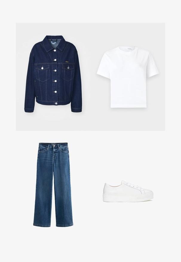 Mørkeblå denimjakke med klassisk design. Har sølvknapper, to brystlommer og guld logo broderi på venstre side.; Hvid kortærmet bomuld t-shirt med rund halsudskæring og lige kant, vist på en hvid baggrund.; Blå vidde jeans i denim med høj talje, fem lommer, subtile slidte detaljer, knaplukning og kontrasterende syninger.; Hvide lædersneakers med en glat overflade, rund tå og flad sål. Har snørebåndslukning og diskrete syninger.