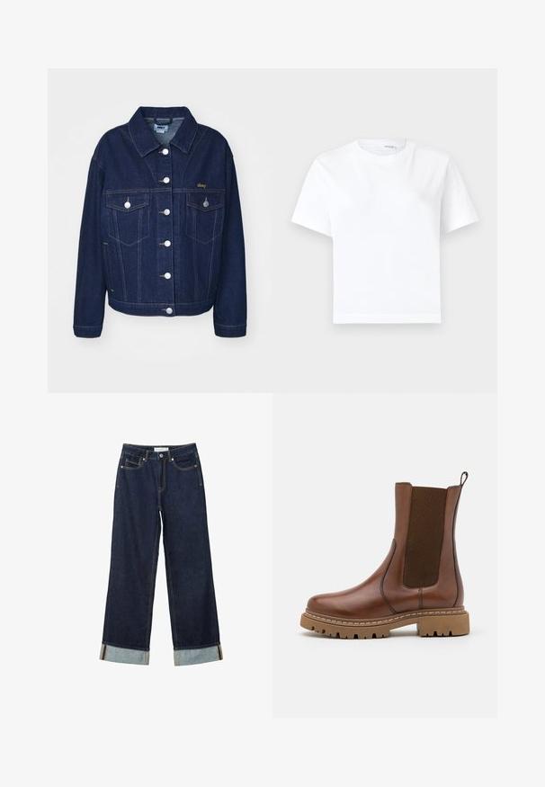 Mørkeblå denimjakke med klassisk design. Har sølvknapper, to brystlommer og guld logo broderi på venstre side.; Hvid kortærmet bomuld t-shirt med rund halsudskæring og lige kant, vist på en hvid baggrund.; Mørkeblå vide jeans med højt talje, med opfoldede vamsser, kontrastsyning og fem-lommers design. Lavet af denim stof.; Brune læder ankelstøvle med elastiske paneler og en trækflap. Har en kraftig gummisål og synlige stikninger langs kanterne.