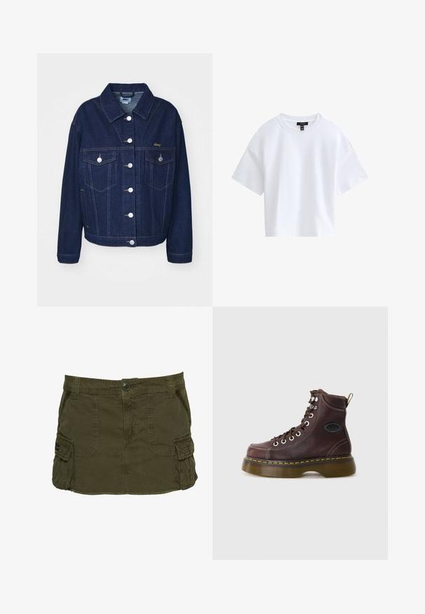 Mørkeblå denimjakke med klassisk design. Har sølvknapper, to brystlommer og guld logo broderi på venstre side.; Simpel hvid kortærmet crop top med rund halsudskæring og sort mærke indeni kraven.; Olivengrøn cargoskørt lavet af bomuldsblanding, med sidelommer, synlige sømme og knappelukning i taljen.; Brun læder ankelstøvle med tekstureret overflade, sølv øjer og gul syning. Har en kraftig gennemsigtig sål og en trækstrop.