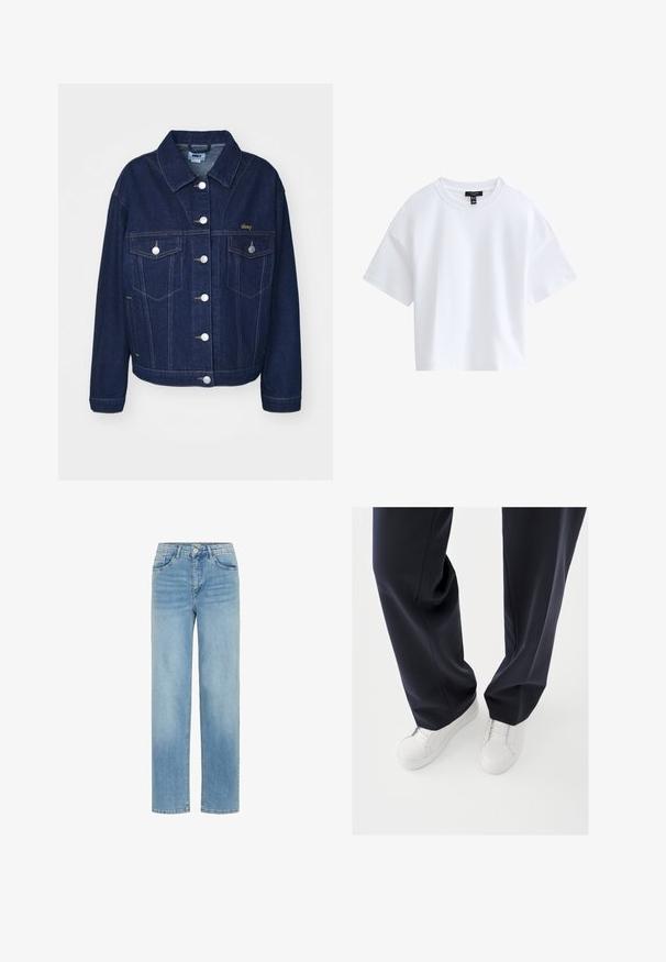 Mørkeblå denimjakke med klassisk design. Har sølvknapper, to brystlommer og guld logo broderi på venstre side.; Simpel hvid kortærmet crop top med rund halsudskæring og sort mærke indeni kraven.; Lysblå denimjeans med lige pasform, fem-lomme design og knaplukning. Ingen synlige dekorationer eller mønstre.; Hvide sneakers med teksturerede gummisåler og flade snørebånd, kombineret med mørkeblå bukser i løs, glat stof og skræddersyet pasform.