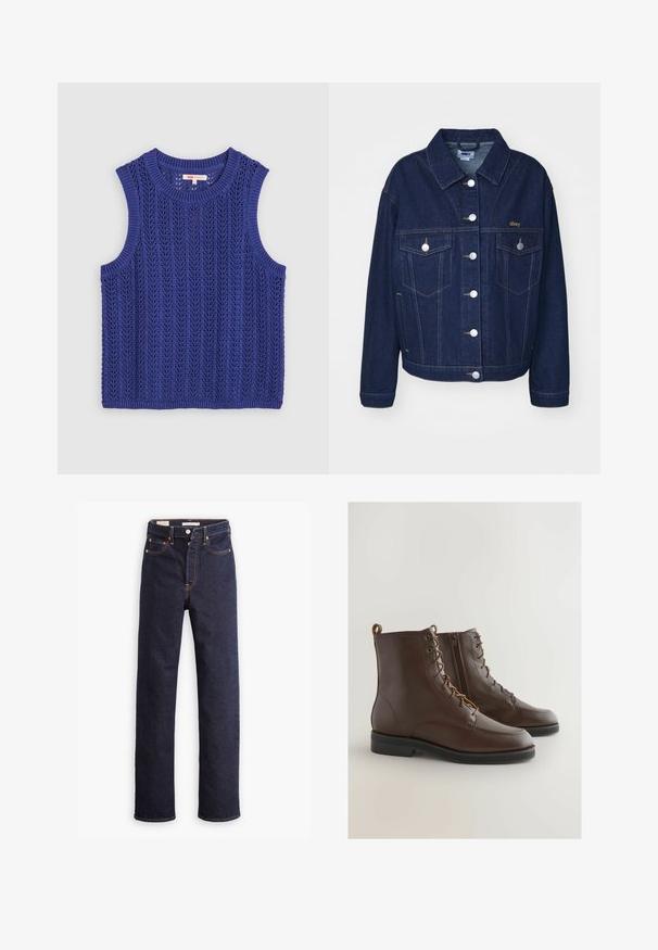 Mørkeblå denimjakke med klassisk design. Har sølvknapper, to brystlommer og guld logo broderi på venstre side.; Strikket ærmeløs top i livlig lilla, med et struktureret mønster, rund halsudskæring og ribbede kanter.; Mørkeblå straight-leg denim jeans med fem lommer og synlig orange syning på hvid baggrund.; Brune læderankelstøvler med en rund tå, snøring og en sidelukning, der har et syet design og en lav sort gummisål.
