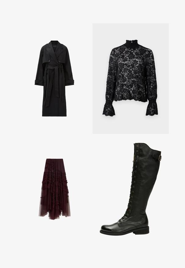 Lang zwarte trenchcoat met brede revers, dubbele knopen, voorflap, manchetbanden en een gestrikt tailleband.; Zwarte kanten top met een hoge hals, lange mouwen en uitlopende manchetten. Heeft een bloemenpatroon en een getextureerde afwerking. Lichtgewicht en semi-transparant.; Bordeaux tulle rok met gerimpelde lagen, elastische tailleband en variërende lengtes, met een zachte, lichte textuur.; Zwarte leren kniehoog laars met vetersluiting aan de voorkant, zilveren oogjes en een bucklet aan de zijkant. Heeft een gestructureerde afwerking en een gestapelde hak.