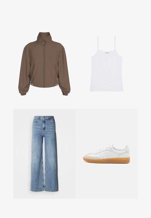 Bruin jack met rits, hoge kraag, elastische manchetten en Calvin Klein-logo op de ritstrekkers en aan beide zijden bij de zoom.; Witte Calvin Klein damestanktop met dunne schouderbandjes en een simpel, aansluitend ontwerp.; Lichtblauwe wijde jeans van denim, met een hoge taille, vijfzakkenontwerp en onafgewerkte zomen. Soepele textuur met een verwassen finish.; Witte leren sneaker met beige suède accenten, gumrubberen zool en vetersluiting. Heeft subtiele branding in goud.