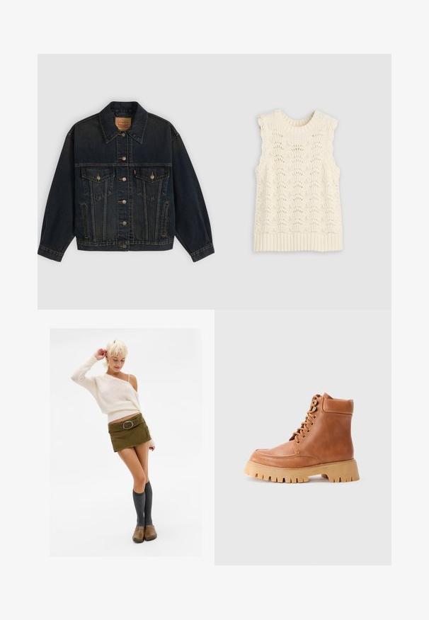Mørkeblå denimjakke med knapper, to brystlommer med knapper, sidelommer og en krave, lagt fladt på en lys baggrund.; Ærmeløs cremefarvet strikket sweatervest med bølgede kanter og et detaljeret hulmønster, med ribbet halsudskæring og kant.; Kvinde med kort blond hår iført en cremefarvet off-shoulder sweater, grøn mini-nederdel med bælte, knæhøje grå sokker og brune klipklappere, der poserer.; Tan læder snørebånd ankelstøvle med polstret krave og tyk, rillede gummisål på en ensfarvet lys baggrund.