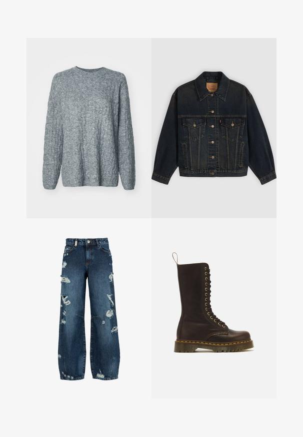Veste en denim bleu foncé avec boutons, deux poches poitrine à boutons, poches latérales et col, posée à plat sur un fond clair.; Pull en tricot gris avec un design texturé et côtelé. Encolure ras du cou et manches longues. Fabriqué à partir d'un matériau doux et de poids moyen.; Jean bleu taille haute à jambes larges avec plusieurs déchirures usées et détails effilochés à l'avant et sur les jambes.; Botte haute en cuir marron foncé à lacets, couture jaune, semelle épaisse rainurée et boucle de tirage à l’arrière.