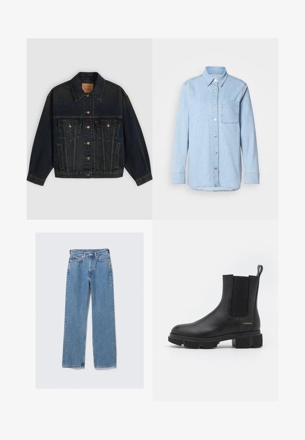 Mørkeblå denimjakke med knapper, to brystlommer med knapper, sidelommer og en krave, lagt fladt på en lys baggrund.; Lyseblå denimskjorte med knaplukning foran, spids krave, enkelt brystlomme og lange ærmer med knapmanchetter.; Blå, høj-taljede, straight-leg denimjeans med frontknap, lynlås, bæltestropper og fem-lommer design på en ensartet lys baggrund.; Sorte læder ankelstøvle med elastiske sidepaneler og en kraftig mønstret sål. Har en pull tab og guld branddetalje. Mat finish.
