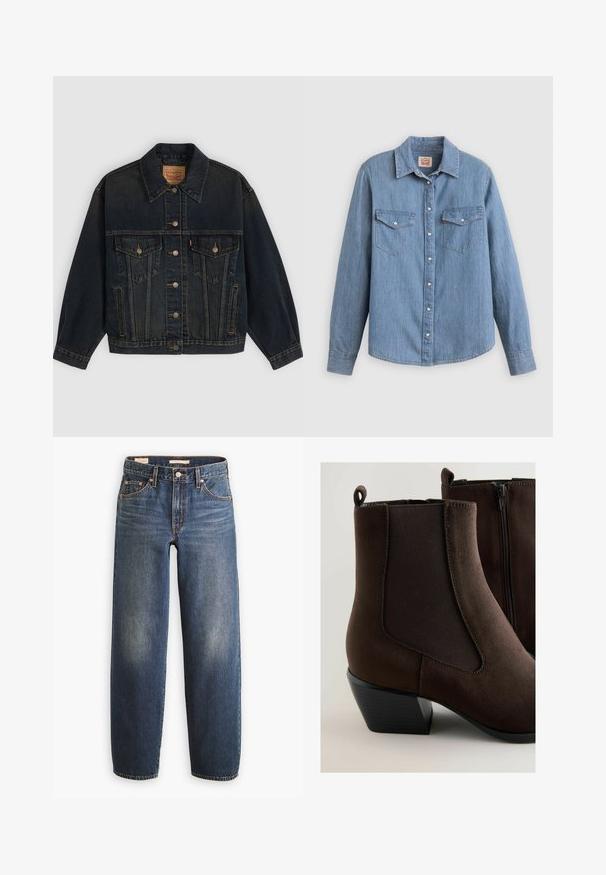 Mørkeblå denimjakke med knapper, to brystlommer med knapper, sidelommer og en krave, lagt fladt på en lys baggrund.; Lyseblå denimskjorte med lange ærmer, knapper foran, to brystlommer og klassisk krave. Glat tekstur og afslappet pasform.; Mørkeblå denimjeans med en straight-leg design, der har fem lommer, kobbernitter og diskret falmning på lårene.; Brune ruskind ankelstøvler med elastiske sidepaneler, slidt tekstur og en stablet sort hæl. Har en lynlås for nemt at tage dem på.