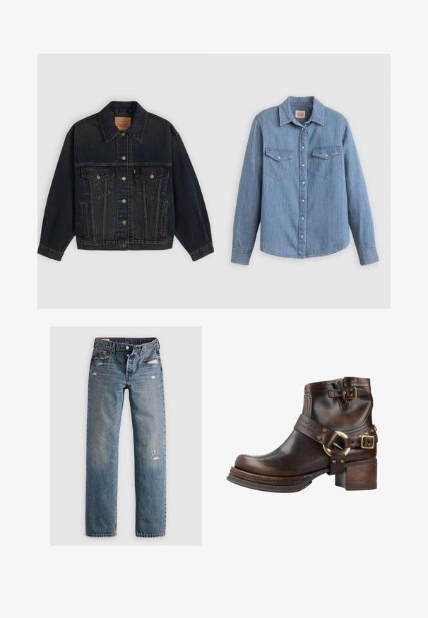 Chaqueta vaquera azul oscuro con botones, dos bolsillos en el pecho con botones, bolsillos laterales y cuello, colocada plana sobre un fondo claro.; Camisa de mezclilla azul claro con mangas largas, cierre de botones al frente, dos bolsillos en el pecho y cuello clásico. Textura suave y ajuste relajado.; Jeans de denim azul con corte recto, que presentan detalles desgastados y parches desteñidos. La tela tiene un acabado texturizado y costuras cosidas.; A.S.98 Botines con plataforma - marron