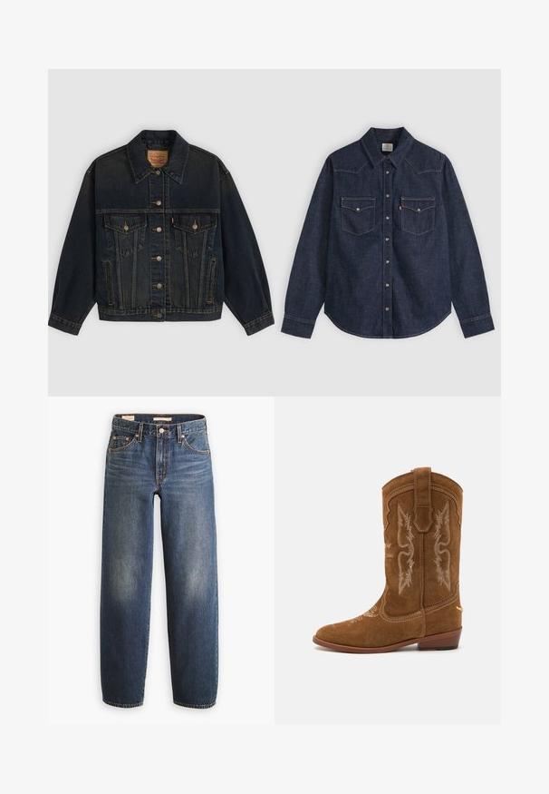 Veste en denim bleu foncé avec boutons, deux poches poitrine à boutons, poches latérales et col, posée à plat sur un fond clair.; Chemise en denim bleu foncé à manches longues avec col pointu, boutons-pression à l'avant et deux poches poitrine à boutons avec surpiqûres contrastées.; Jean en denim bleu foncé avec une coupe droite, doté de cinq poches, de rivets en cuivre et d'un léger délavage sur les cuisses.; Bottes de cowboy en suède marron avec une broderie blanche intricate, bout pointu et talon empilé. Présente des motifs décoratifs sur la tige.