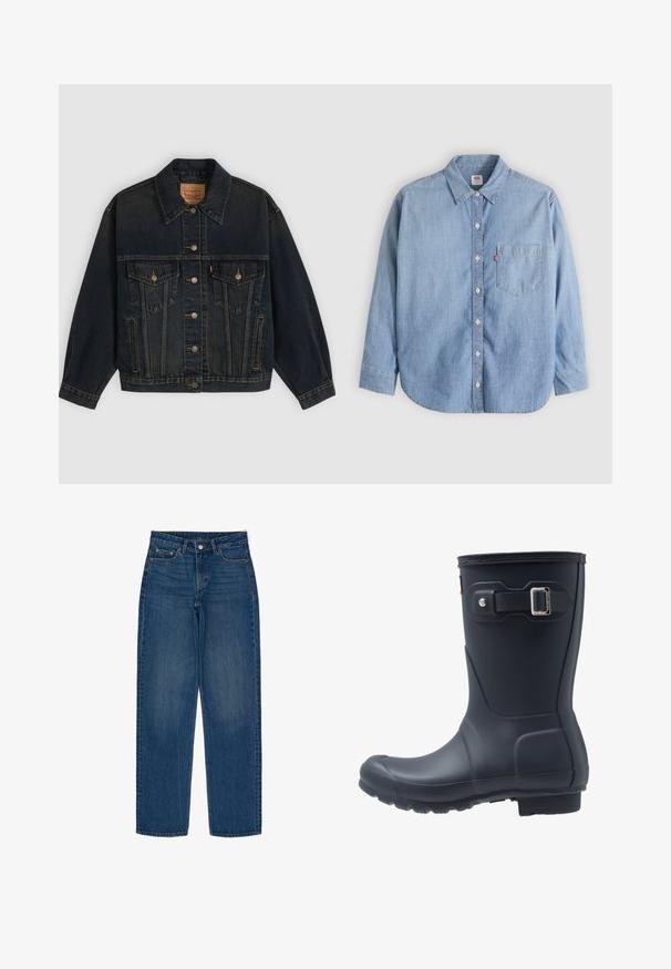 Donkerblauwe spijkerjas met knopen, twee borstzakken met knopen, zijzakken en een kraag, plat neergelegd op een lichte achtergrond.; Lichtblauw denimoverhemd met een button-down kraag, borstzakje en lange mouwen. Heeft een afgeronde zoom en een subtiele textuur.; Donkerblauwe denim jeans met een rechte pasvorm, voorzien van een knoopsluiting, twee voorzakken en klassieke stikseldetails.; Zwarte rubberen regenlaars met een ronde neus, textuurzool en verstelbaar riempje. Gladde oppervlakte met een matte afwerking.