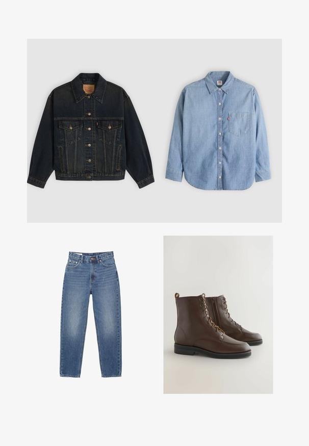 Veste en denim bleu foncé avec boutons, deux poches poitrine à boutons, poches latérales et col, posée à plat sur un fond clair.; Chemise en denim bleu clair avec col boutonné, poche avant et manches longues. Caractérisée par un ourlet arrondi et une texture subtile.; Jeans en denim bleu clair avec une taille haute, un design à jambes droites, cinq poches et des détails de couture orange. Finition effilochée à l'avant.; Bottes en cuir marron à col montant avec un bout arrondi, un laçage et une fermeture éclair sur le côté, présentant un design cousu et une semelle en caoutchouc noir basse.