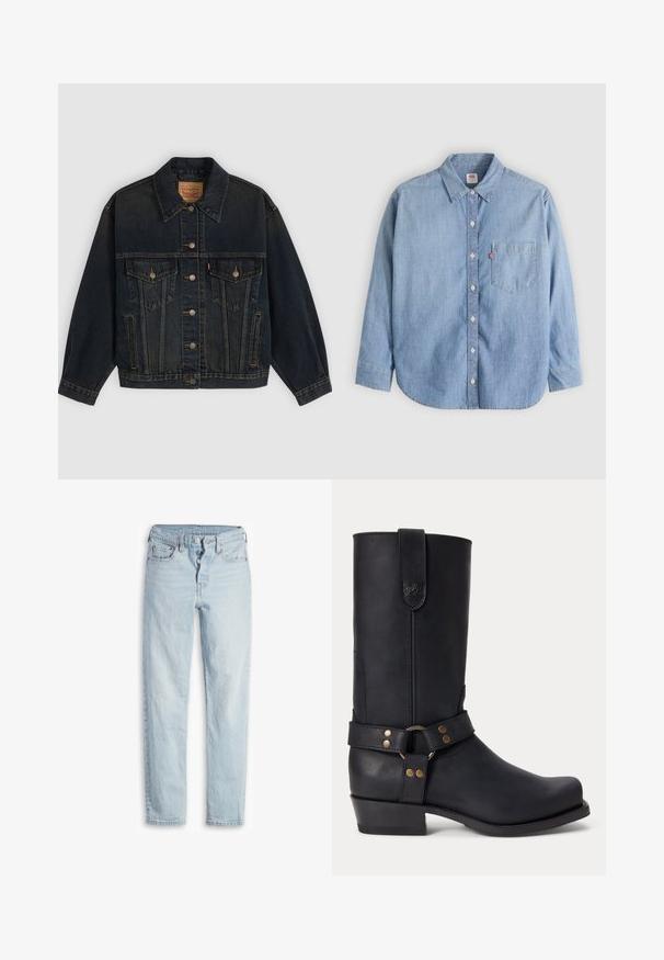 Dunkelblaue Jeansjacke mit Knöpfen, zwei Brusttaschen mit Knöpfen, Seitentaschen und einem Kragen, flach auf einem hellen Hintergrund liegend.; Hellblaues Jeanshemd mit Knopfleiste am Kragen, Brusttasche und langen Ärmeln. Verfügt über einen abgerundeten Saum und eine subtile Textur.; Helle blaue Jeans aus Denim mit hoher Taille, fünf Taschen, Knopfverschluss und geradem Schnitt. Verfügt über sanfte Ausbleichungen und eine strukturierte Oberfläche.; Schwarzer Lederstiefel bis zur Mitte der Wade mit niedrigem Absatz, rundem Vorderfuß und dekorativem Riemen mit Metallnieten und Ring um den Knöchel.