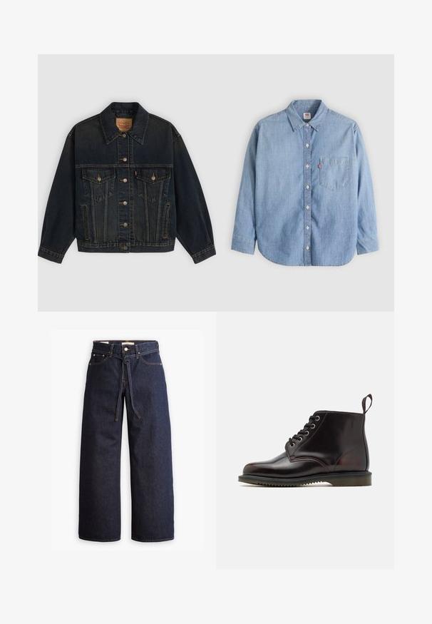 Donkerblauwe spijkerjas met knopen, twee borstzakken met knopen, zijzakken en een kraag, plat neergelegd op een lichte achtergrond.; Lichtblauw denimoverhemd met een button-down kraag, borstzakje en lange mouwen. Heeft een afgeronde zoom en een subtiele textuur.; Wijd pijpjes donkerblauwe denim jeans met een hoge taille, voorzien van een trekkoord, vijf zakken en contrasterende stiksels.; Bruine leren enkellaarzen met ronde neus, vetersluiting, metalen oogjes en een gestructureerde zool. Heeft een trekband aan de achterkant.