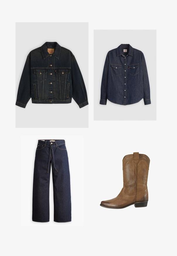 Donkerblauwe spijkerjas met knopen, twee borstzakken met knopen, zijzakken en een kraag, plat neergelegd op een lichte achtergrond.; Donkerblauwe denim overhemd met lange mouwen, kraag met knopen aan de voorkant, twee borstzakken met kleppen en contrasterende gele stiksels.; Wijd pijpjes donkerblauwe denim jeans met een hoge taille, voorzien van een trekkoord, vijf zakken en contrasterende stiksels.; Bruine leren cowboylaars tot halverwege de kuit met decoratieve stiksels, ronde neus, trekkoord bovenaan en lage gestapelde hak.