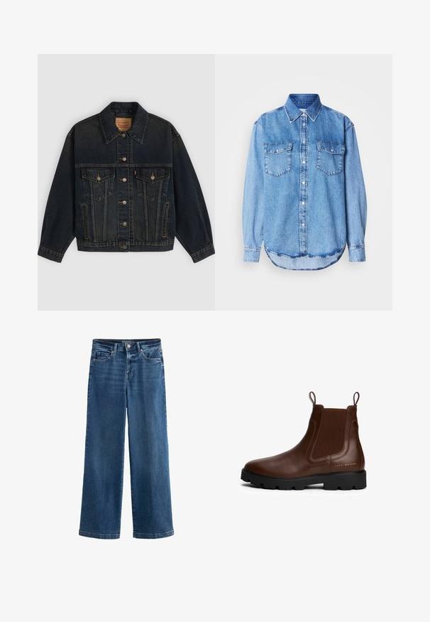 Donkerblauwe spijkerjas met knopen, twee borstzakken met knopen, zijzakken en een kraag, plat neergelegd op een lichte achtergrond.; Denimshirt met een lichtblauwe kleur, klassieke kraag, knoopsluiting aan de voorkant, twee borstzakken en een afgeronde zoom met stikseldetails.; Blauwe wijde jeans van denim, met een hoge taille, vijf zakken, subtiele vervaging, knoopsluiting en contrasterende stiksels.; Bruine leren Chelsea-boot met elastische zijkanten, trekhaakjes, zwarte rubberen zool en gouden logo-detail aan de zijkant. Glad oppervlak.