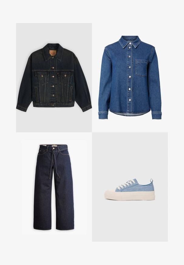 Mørkeblå denimjakke med knapper, to brystlommer med knapper, sidelommer og en krave, lagt fladt på en lys baggrund.; Blå denim langærmet skjorte med knapper foran, en enkelt brystlomme til venstre og en klassisk krave.; Bredde ben mørkeblå denim jeans med høj talje, der har snoretræk, fem lommer og kontrastsyet detaljer.; Lyseblå lærredssneakers med en cremefarvet gummitåhætte og sål, udstyret med hvide snørebånd og en træksløjfe på hælen.