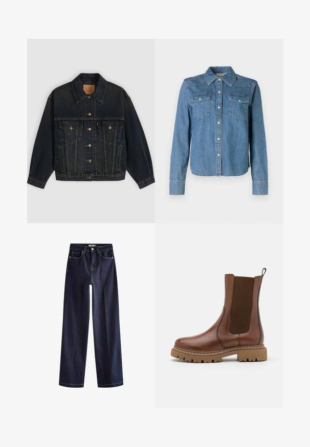 Donkerblauwe spijkerjas met knopen, twee borstzakken met knopen, zijzakken en een kraag, plat neergelegd op een lichte achtergrond.; Denim shirt in een lichtblauwe tint, met klassieke kraag en twee borstzakken. Het heeft drukknoopsluitingen en lange mouwen met knoopmanchetten.; Next Straight leg jeans - rinse blue; Bruine leren enkelboot met elastische panelen en een trekomed. Kenmerkt zich door een robuuste rubberen zool en zichtbare stiksels langs de randen.