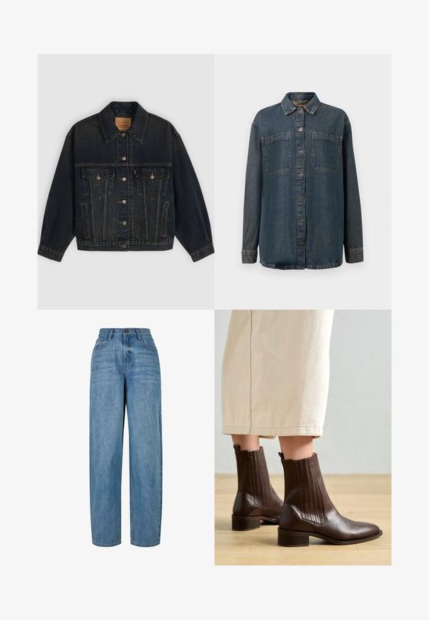Mørkeblå denimjakke med knapper, to brystlommer med knapper, sidelommer og en krave, lagt fladt på en lys baggrund.; Mørkeblå denimskjorte med knaplukning fortil, to brystlommer, lange ærmer og klassisk krave. Blød tekstur med minimal slitage.; Lyseblå denimjeans med lige ben-design, der har en knaplukning, fem lommer og subtilt slid i stoffet.; Pavement SHANI - Støvletter - brown