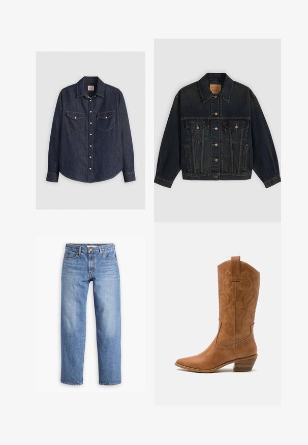 Mørkeblå denimjakke med knapper, to brystlommer med knapper, sidelommer og en krave, lagt fladt på en lys baggrund.; Mørkeblå denimskjorte med lange ærmer, knaplukning fortil, to brystlommer med klapper og kontrasterende gule sømme.; Lyseblå denimjeans med lige pasform, fem lommer og lynlåsgylf. Stoffet har en klassisk tekstureret overflade med let falming.; Tan læder cowboystøvle med spids tå, broderede svirvelmønstre på skaftet og en stablet blokhæl. Har en træksløjfe for nem af/på.