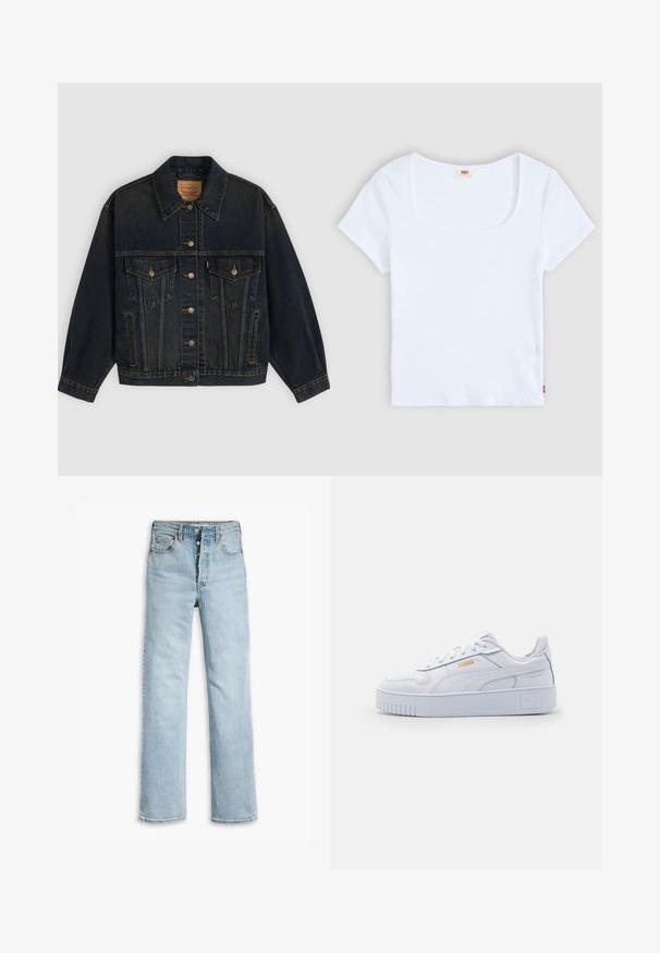 Veste en denim bleu foncé avec boutons, deux poches poitrine à boutons, poches latérales et col, posée à plat sur un fond clair.; Haut blanc à manches courtes avec un décolleté carré, fabriqué en tissu à texture côtelée. Présente une petite étiquette logo rouge en bas à gauche.; Jean en denim bleu clair avec une coupe droite, style cinq poches, boutons en métal, et une texture légèrement vieillie sur le tissu.; Baskets blanches en cuir avec une semelle épaisse, présentant une texture lisse, un design minimaliste, des rayures sur les côtés et un petit logo.