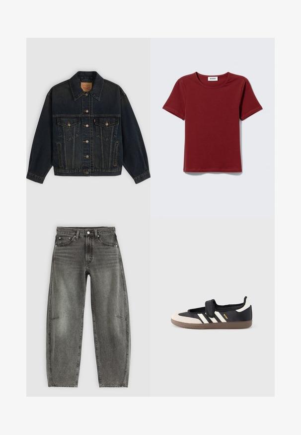 Mørkeblå denimjakke med knapper, to brystlommer med knapper, sidelommer og en krave, lagt fladt på en lys baggrund.; Kortærmet, oxrød T-shirt med rund hals og et "WEEKDAY" mærke på indersiden af nakken, lagt fladt på en lysgrå baggrund.; Højtaljede gråvaskede denimjeans med fem lommer, knaplukning og en afslappet lige pasform.; Sort og beige sko med velcrolukning, tre hvide striber på siden og en tekstureret brun gummisål. Mærkelogo er synligt.