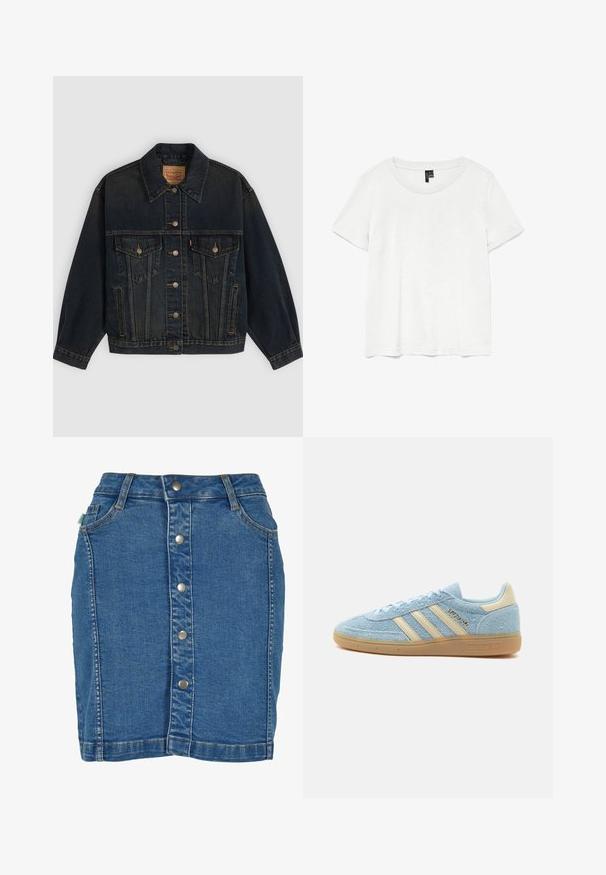 Mørkeblå denimjakke med knapper, to brystlommer med knapper, sidelommer og en krave, lagt fladt på en lys baggrund.; Hvid kortærmet t-shirt med rund halsudskæring, lavet af letvægtsstof. Enkel design, glat tekstur og lige kant.; Denim nederdel med knaplukning foran, tætsiddende design, lys blå farve og diskrete syninger.; Lyseblå ruskind Adidas sneaker med beige striber og hælkappe, gummisål og "SPEZIAL" branding på siden.