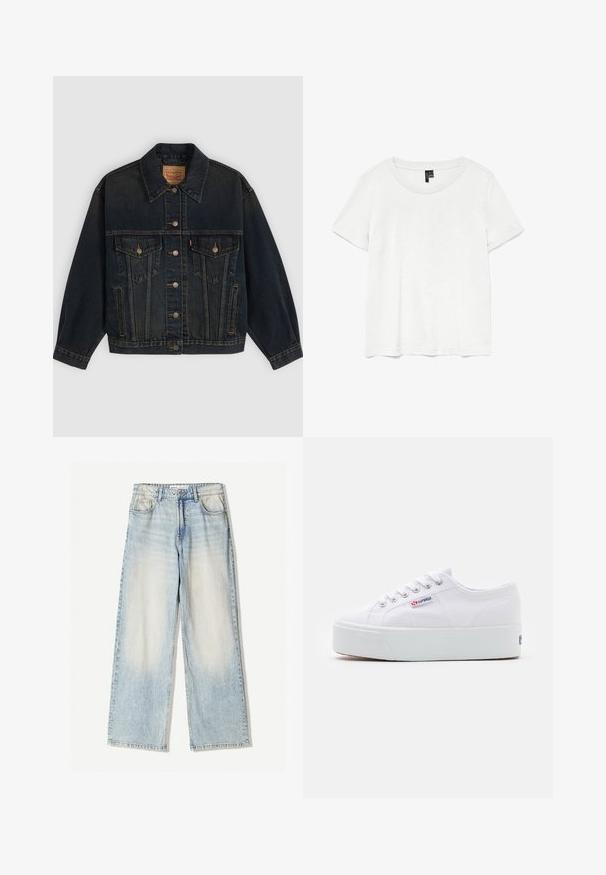 Mørkeblå denimjakke med knapper, to brystlommer med knapper, sidelommer og en krave, lagt fladt på en lys baggrund.; Hvid kortærmet t-shirt med rund halsudskæring, lavet af letvægtsstof. Enkel design, glat tekstur og lige kant.; Lyseblå denimbukser med vid ben, der har fem lommer, subtil falmning og synlige sømme langs kanterne.; Hvide canvas sneakers med en tyk hvid platformssål, rund tå og metaløjelets til snørebånd. Mærkets logo præsenteret på siden.
