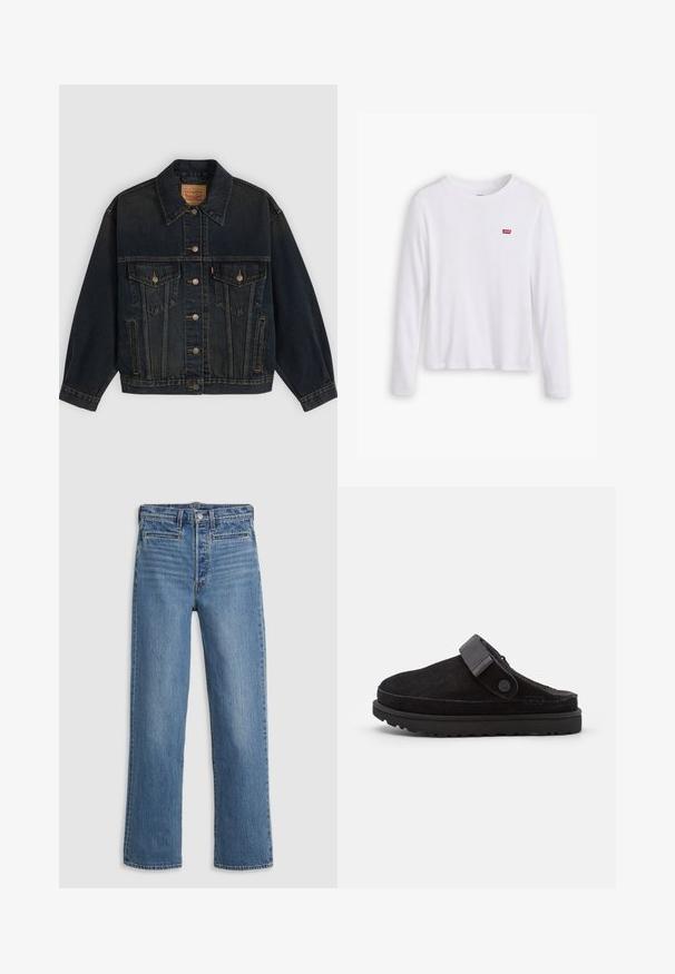 Veste en denim bleu foncé avec boutons, deux poches poitrine à boutons, poches latérales et col, posée à plat sur un fond clair.; Chemise blanche à manches longues en coton doux. Présente un petit logo rouge Levi's sur la poitrine gauche. Design classique à col rond.; Jeans droit bleu clair en denim. Comprend une fermeture à bouton, cinq poches et un léger délavage. Pas d'ornements ni de motifs.; Sabots en suède noir sans lacets avec un bout rond, une texture douce, une sangle ajustable et une épaisse semelle en caoutchouc avec un motif pour une meilleure adhérence.