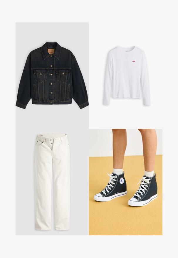 Mørkeblå denimjakke med knapper, to brystlommer med knapper, sidelommer og en krave, lagt fladt på en lys baggrund.; Hvid langærmet skjorte lavet af blødt bomuld. Har et lille rødt Levi's logo på venstre bryst. Klassisk crew neck design.; Hvide jeans med høj talje, lige ben, knaplukning, lommer foran og bagpå samt synlige kobbernitter i lommekanterne.; Høje sneakers i mørkeblåt kanvas med hvide gummisåler, snørebånd og detaljer. Har et rundt logo og hvide syninger.