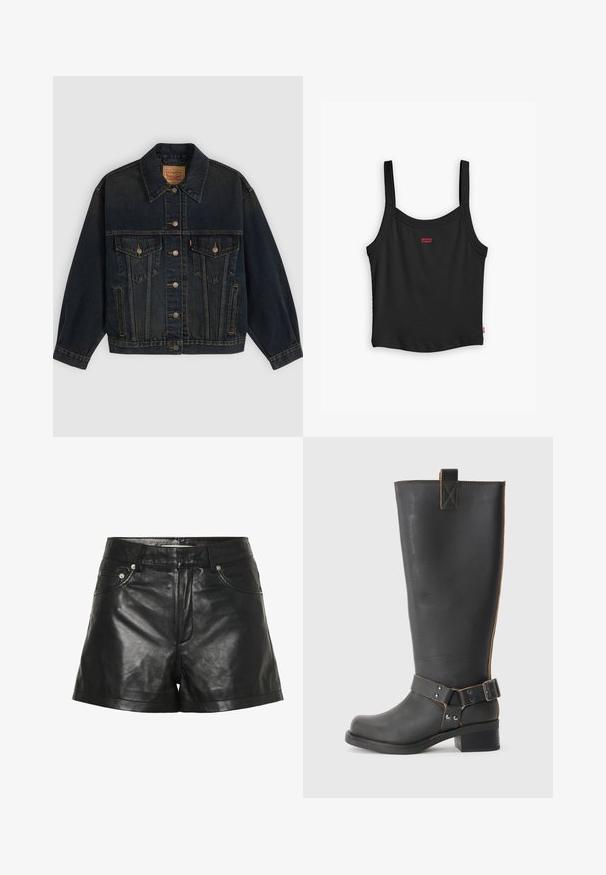 Donkerblauwe spijkerjas met knopen, twee borstzakken met knopen, zijzakken en een kraag, plat neergelegd op een lichte achtergrond.; Zwarte geribbelde tanktop met dunne bandjes, voorzien van een klein rood Levi's-logo aan de voorkant en een rechte zoom.; Zwarte leren shorts met een gladde, glanzende textuur, voorzien van zijzakken, metallic accenten en een aansluitend tailleontwerp.; Zwarte leren knie- hoog laars met een gestructureerde afwerking, voorzien van een zijgesp accent en een lage hak. Gedetailleerde stiksels langs de naden.