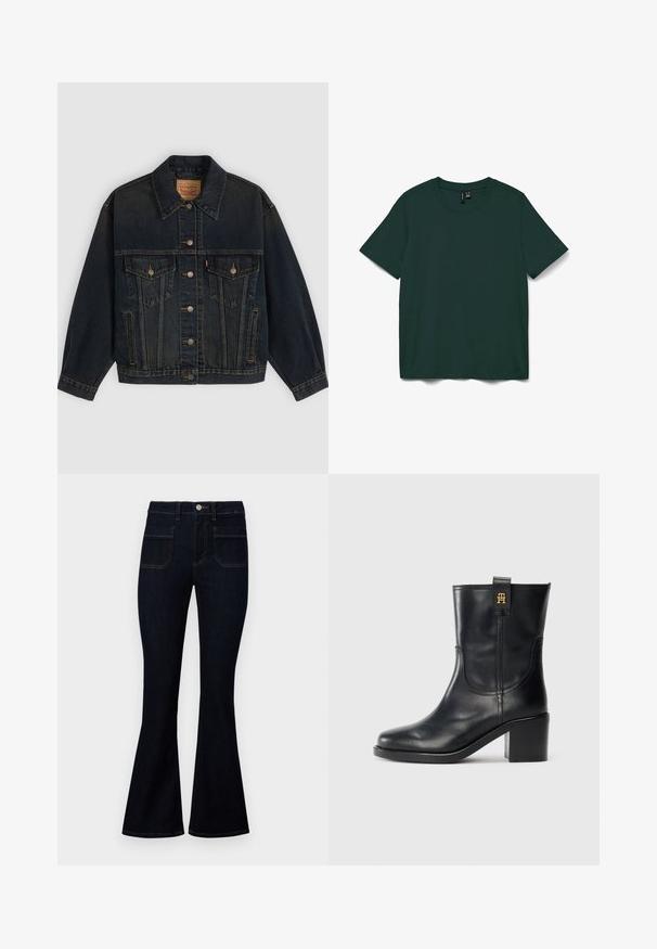Veste en denim bleu foncé avec boutons, deux poches poitrine à boutons, poches latérales et col, posée à plat sur un fond clair.; T-shirt à manches courtes vert foncé en tissu doux. Il présente un col rond et un design simple, droit. Aucun motif ni embellissement.; Jean flare bleu foncé avec une taille haute, en denim, dotés de deux poches arrière et de surpiqûres contrastées le long des coutures.; Botte en cuir noir mi-mollet avec talon bloc et logo "TH" doré sur la languette, sur fond blanc.