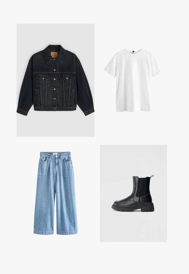 Mørkeblå denimjakke med knapper, to brystlommer med knapper, sidelommer og en krave, lagt fladt på en lys baggrund.; Simpel hvid kortærmet t-shirt med rund hals og sort mærke indeni kraven, vist fladt på en hvid baggrund.; Lyseblå denim palazzo jeans med brede ben, der har høj talje, frontlommer og knaplukning. Diskret falmet tekstur.; Sorte chelsea støvler lavet af glat læder, med elastiske sidepaneler, en tyk, robust sål, og en løkke bagpå for nem påtagning.