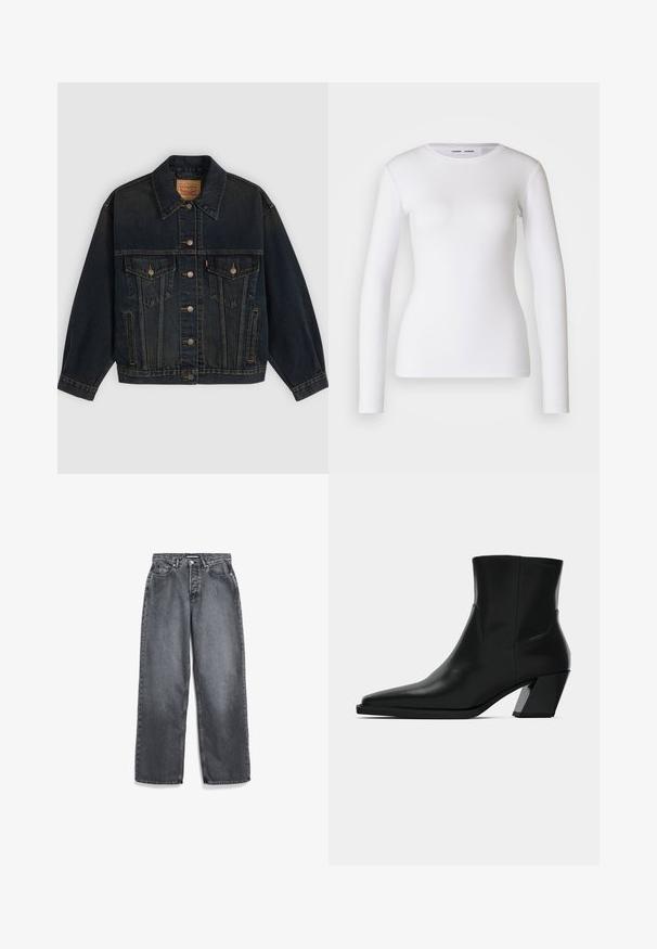 Donkerblauwe spijkerjas met knopen, twee borstzakken met knopen, zijzakken en een kraag, plat neergelegd op een lichte achtergrond.; Witte longsleeve shirt van ribstof, met een ronde halslijn en een getailleerde vorm. Er zijn geen patronen of accenten aanwezig.; Donkergrijze rechte jeans met voorzakken, riemlussen, knoop en ritssluiting.; Zwarte leren enkelboot met een spitse neus, een slanke silhoeet en een chunky vierkante hak. Gladde textuur met minimale stikdetails.