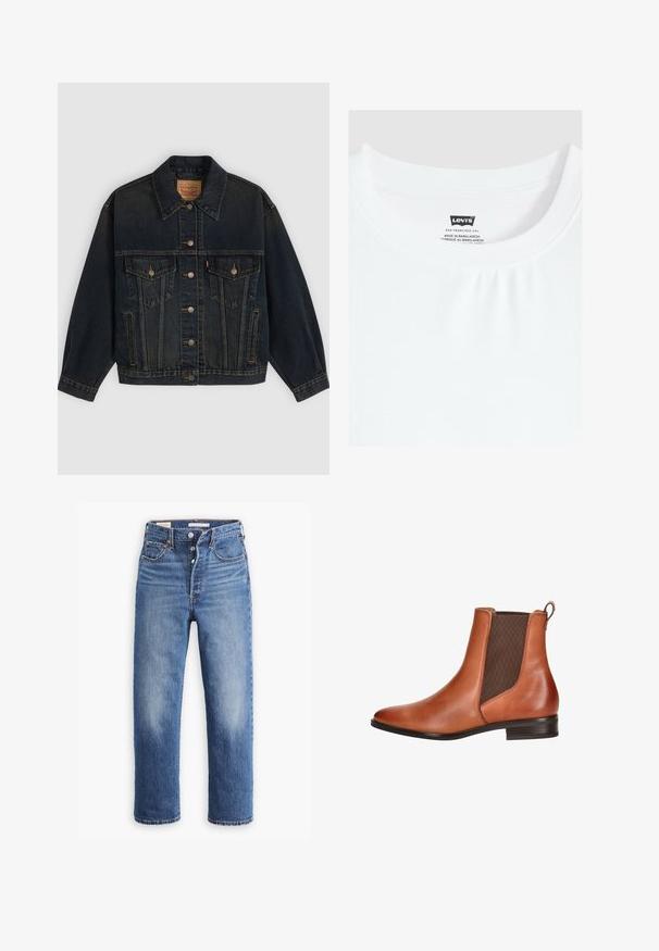Chaqueta vaquera azul oscuro con botones, dos bolsillos en el pecho con botones, bolsillos laterales y cuello, colocada plana sobre un fondo claro.; Camiseta blanca de cuello redondo con etiqueta de la marca Levi's cosida en el interior del cuello, fabricada en Bangladesh.; Vaqueros de mezclilla azul con cintura alta, diseño de pierna recta y áreas desgastadas. Presentan bolsillos frontales y herrajes de metal.; Botín de cuero marrón hasta el tobillo con paneles laterales elásticos, acabado suave, punta redonda y tacón bajo apilado. Costuras de acento a lo largo de las uniones.