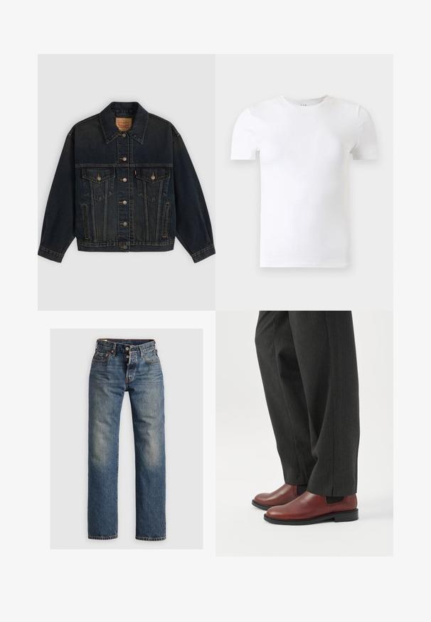 Dunkelblaue Jeansjacke mit Knöpfen, zwei Brusttaschen mit Knöpfen, Seitentaschen und einem Kragen, flach auf einem hellen Hintergrund liegend.; Schlichtes weißes Kurzarm-T-Shirt mit Rundhalsausschnitt vor einem hellgrauen Hintergrund.; Blaue Denim-Jeans mit geradem Bein, ausgestattet mit sichtbaren Nähten, einem Reißverschluss und fünf Taschen. Ausgewaschene Stellen sorgen für Textur.; Person trägt dunkelgraue Hose mit geradem Bein und braune Lederschuhe zum Hineinschlüpfen, steht auf weißem Boden.