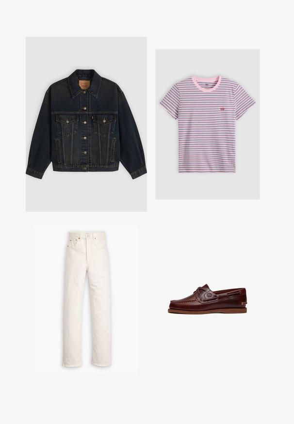 Veste en denim bleu foncé avec boutons, deux poches poitrine à boutons, poches latérales et col, posée à plat sur un fond clair.; T-shirt à manches courtes et col rond avec fines rayures horizontales blanches, roses, noires et bleues, avec un petit logo rouge Levi's sur la poitrine.; Jeans en denim blanc avec un design à jambe droite, style cinq poches et accents en métal cuivré. Finition effilochée au niveau des chevilles.; Chaussure bateau en cuir marron avec lacets, détails de couture et logo Timberland sur le côté, présentée sur un fond blanc.